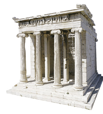 APTEROS NIKI TEMPLE - The ionic temple of Apteros Niki (Featherless Victory), which is being erected today, is situated southwest of the Entrance, on a rampart protecting the main entrace of the Acropolis. A monument of the 5th century bc.