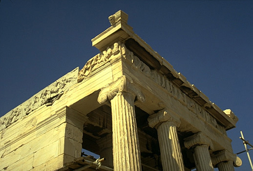 Temple of Athena Nike, southeast corner. - Detail of column capitals and entablature, including frieze course. by Kevin T. Glowacki and Nancy L. Klein