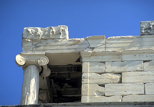 The Temple of Athena Nike. - Southwest corner as seen from below the Nike Bastion. View from the south.