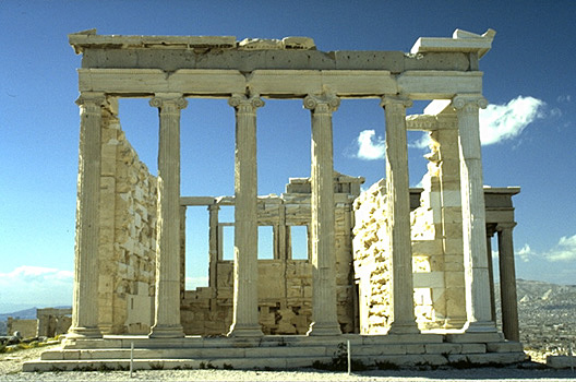 The east (front) side of the Erechtheion. - This side of the temple gives the appearance of a 