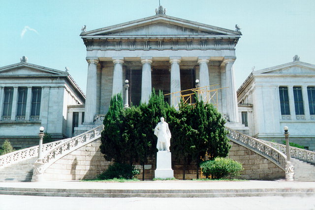 The Vallianios National Library - The National Library forms part of the so-called Neoclassical Trilogy of the City of Athens: Academy - University - Library.
It consists of three solid parts, out of which the one in the middle -which is also the biggest- houses the Reading-Room.