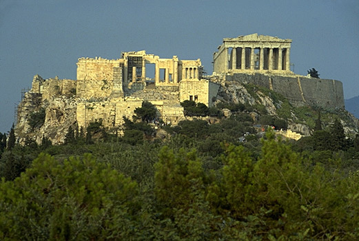 PROPYLAIA - The western approach to the Acropolis, showing the Propylaia, Temple of Athena Nike, and the Parthenon. View from the west (from the Pnyx).